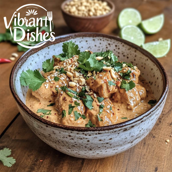 Creamy peanut butter chicken garnished with cilantro and peanuts.