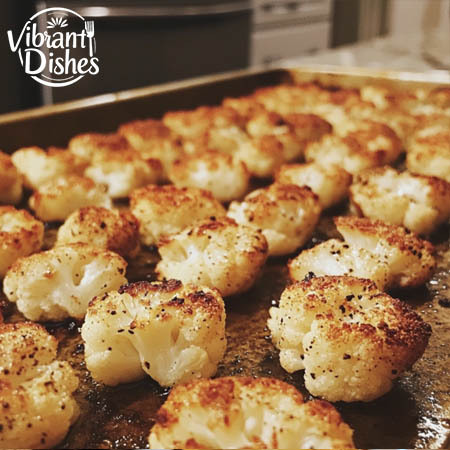 Roasted cauliflower florets on a baking tray, lightly browned.