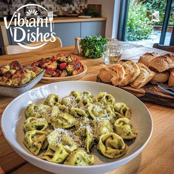 Creamy pesto tortellini garnished with Parmesan and basil.