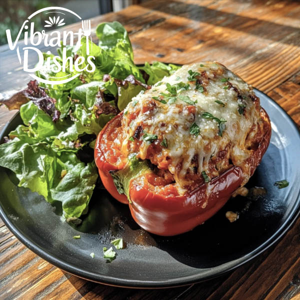 Plated stuffed pepper with salad and marinara sauce.