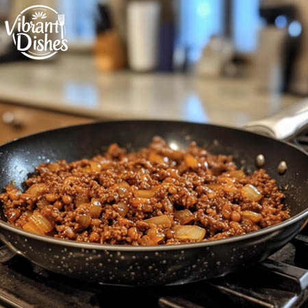 Browned ground beef and onions in a skillet for baked beans.