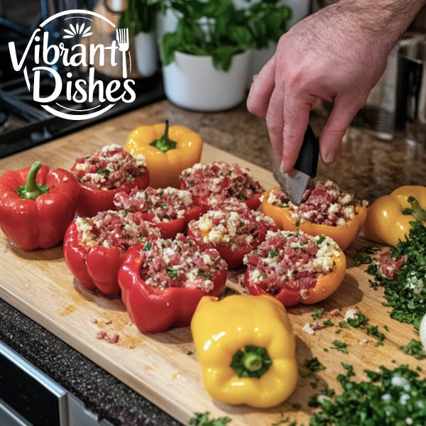 Bell peppers being stuffed with seasoned meat on a cutting board.