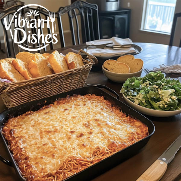 Ramen lasagna served with salad and garlic bread on a dinner table