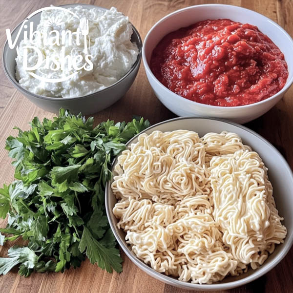 Ingredients for ramen lasagna including noodles, sauces, and cheese.