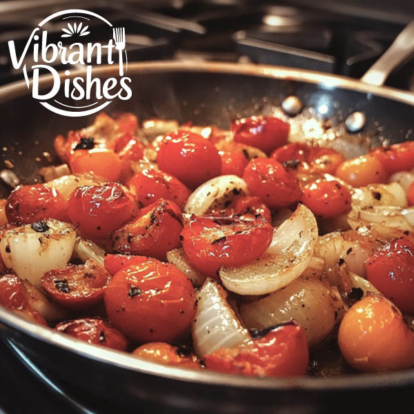 Roasted habanero peppers, tomatoes, and onions in a skillet.