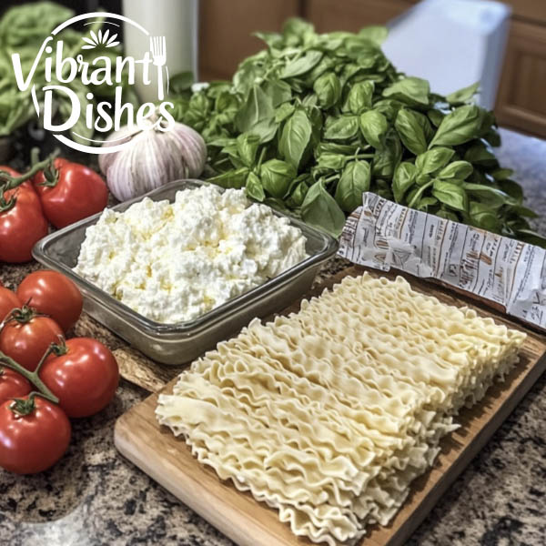 Lasagna ingredients including Ronzoni noodles and cheeses.