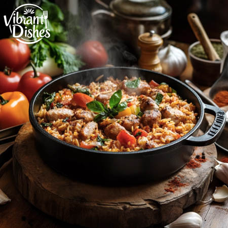 Steaming pot of chicken and sausage jambalaya surrounded by vegetables and spices.