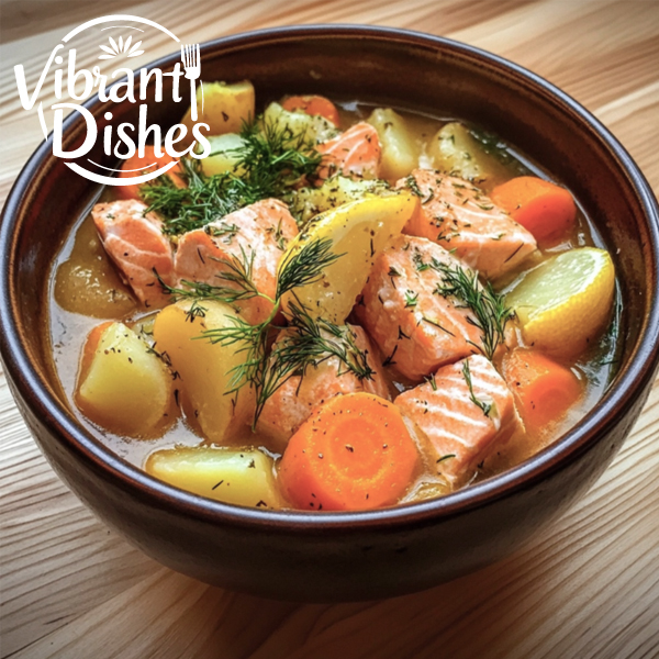 Salmon stew in a ceramic bowl with vegetables and dill.