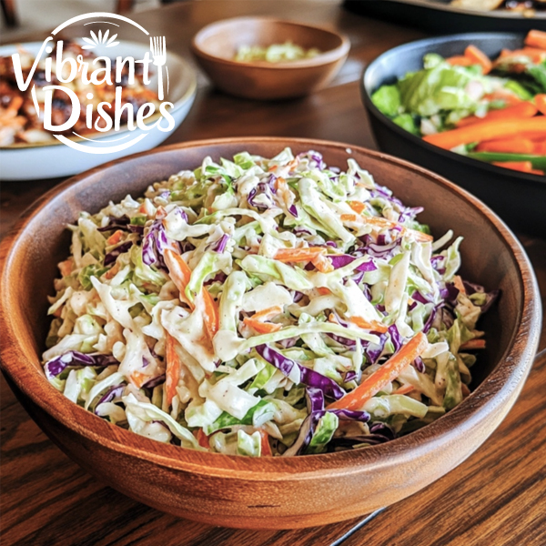 Rustic wooden bowl of sweet coleslaw with vibrant vegetables and creamy dressing.