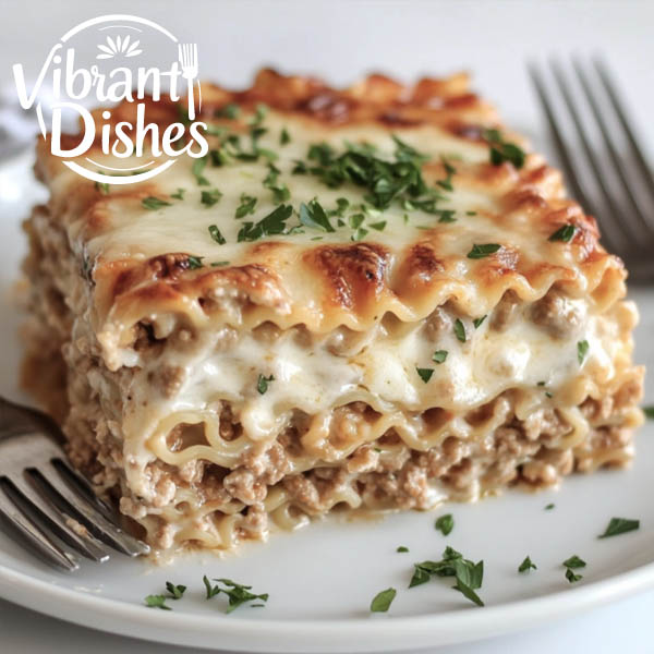 A plated serving of ramen lasagna with visible layers of noodles and cheese.