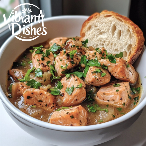 Served salmon stew with crusty bread and parsley.