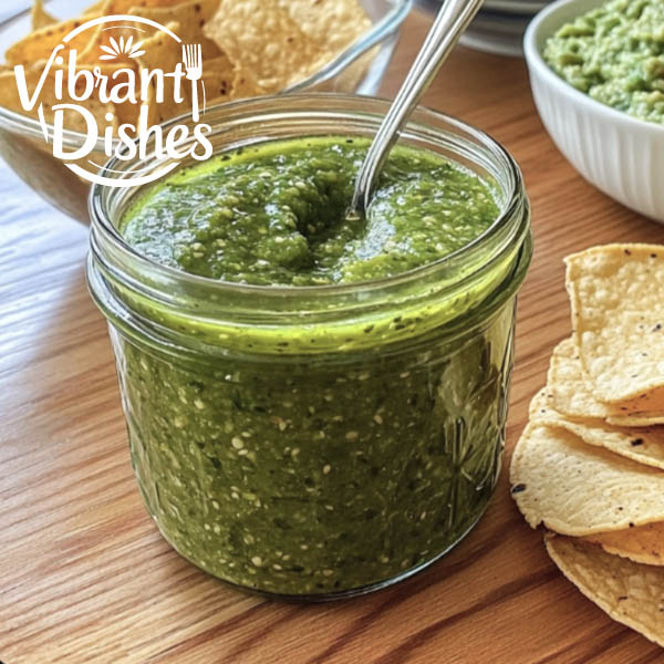 Jar of jalapeno chili sauce with tacos, chips, and guacamole.