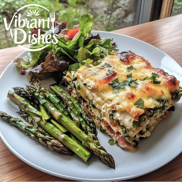 A plated portion of asparagus casserole with a fresh green salad and white wine.