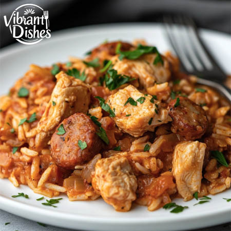 A serving of chicken and sausage jambalaya on a white plate, garnished with parsley.