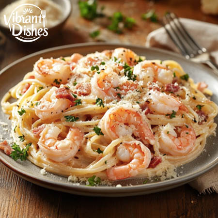 Creamy shrimp carbonara served with crispy bacon and fresh parsley.