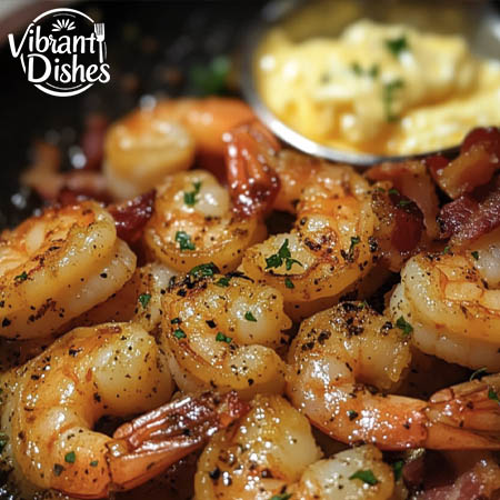 Shrimp sautéed in butter with herbs next to bacon and egg mixture.