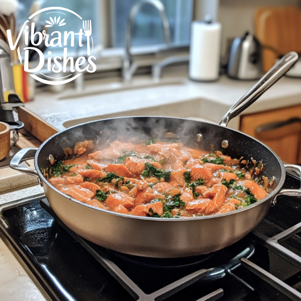 Pot of salmon stew cooking with visible steam and vegetables.