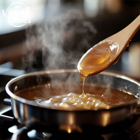 Homemade vanilla bean paste simmering in a saucepan.