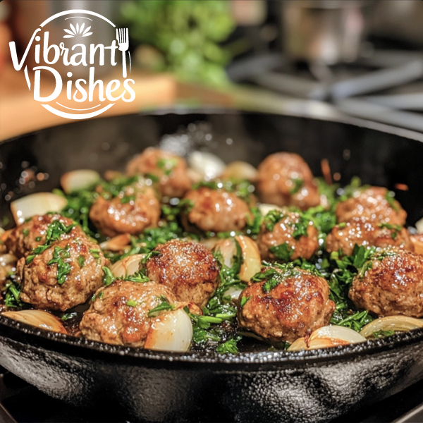 Golden-brown meatballs cooking in a cast iron skillet.