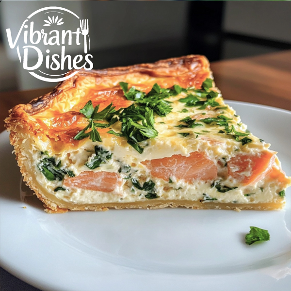 Close-up of a slice of salmon quiche with herbs on a white plate.