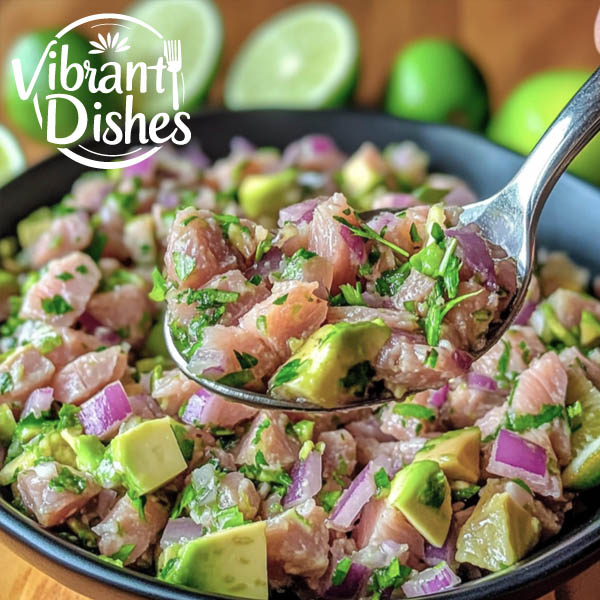 A spoon scooping tuna ceviche with avocado and lime.