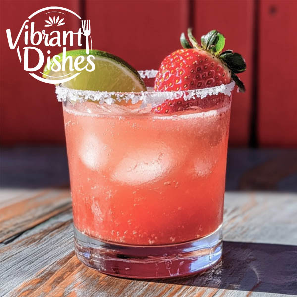 Strawberry margarita on the rocks with sugar rim and garnishes.