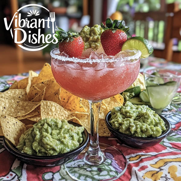 Strawberry margarita on the rocks with chips and guacamole.