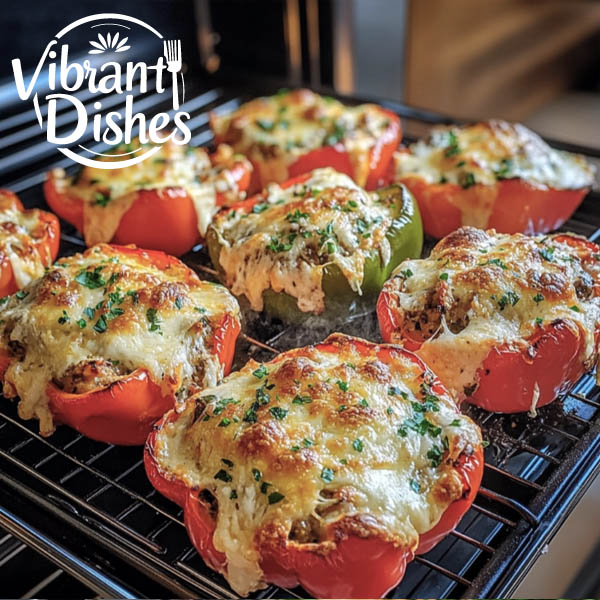 Low-carb stuffed peppers baking in the oven with melted cheese.