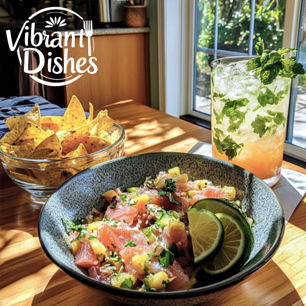 Tuna ceviche with tortilla chips and mango mojito on a sunny table.