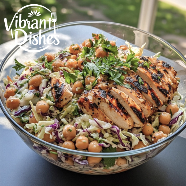 Sweet coleslaw salad with grilled chicken and chickpeas in a glass bowl.