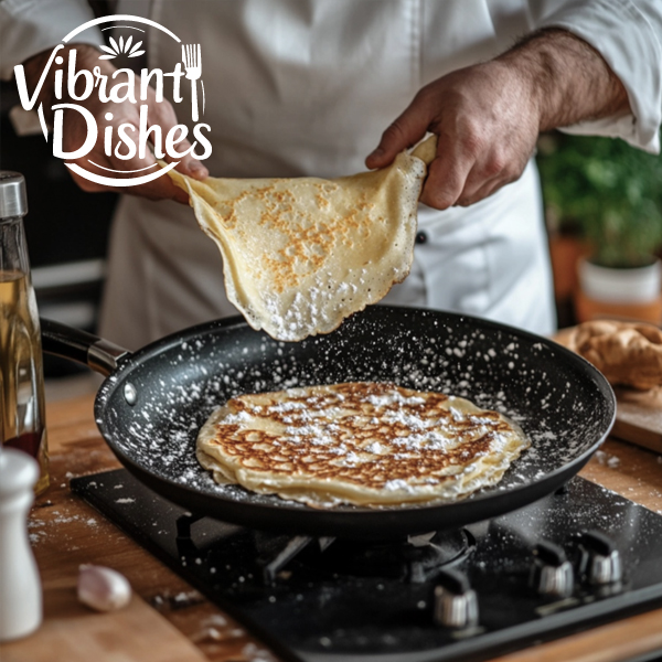 Chef flipping a crepe in a non-stick pan with steam rising.