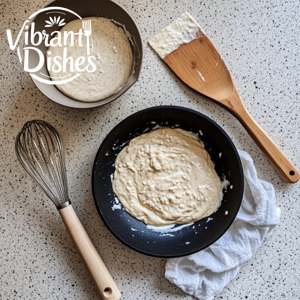 Non-stick pan, wooden spatula, batter whisk, and ladle for crepe making."