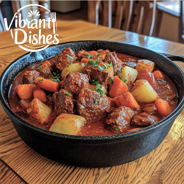 Traditional Hungarian goulash in a cast iron pot with fresh ingredients.