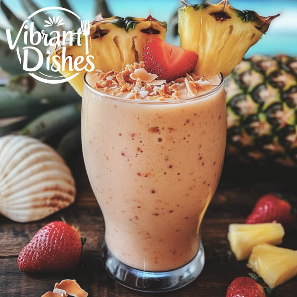 Tropical Bahama Mama Smoothie in a glass with fruit garnishes.