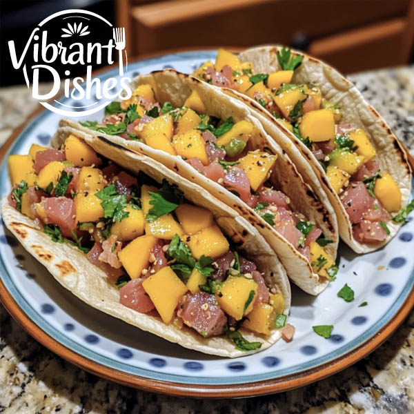 Tuna ceviche tacos with mango and chili flakes.