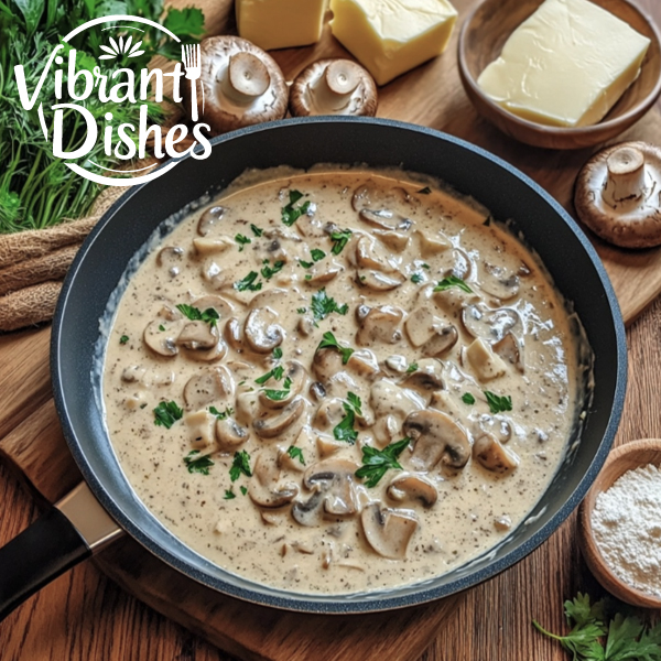 A skillet of creamy mushroom stroganoff sauce with ingredients.