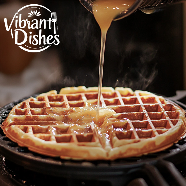 Waffle batter cooking in a waffle iron with steam rising.