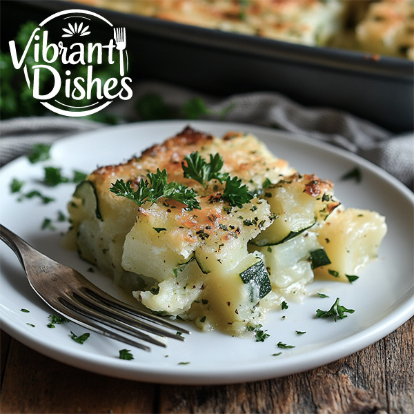 A close-up of a zucchini potato casserole serving on a white plate.