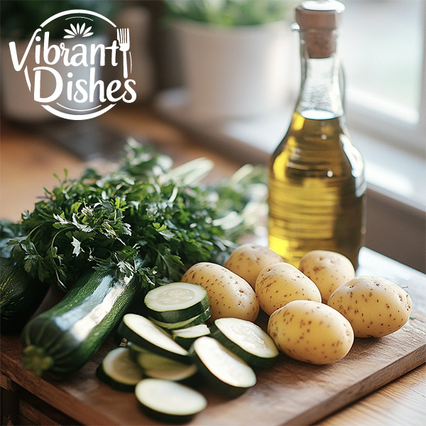 Fresh zucchinis, potatoes, olive oil, and herbs on a wooden cutting board.