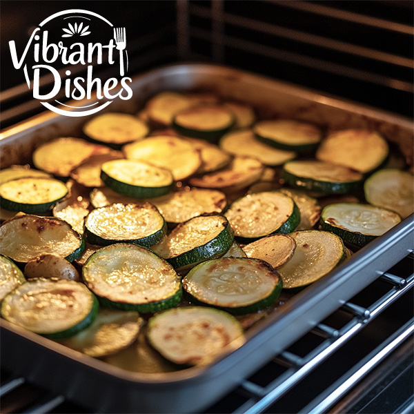 A baking dish with zucchini and potato slices under oven light.