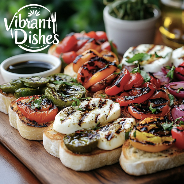 Platter of bruschetta with mozzarella, grilled veggies, and balsamic drizzle.