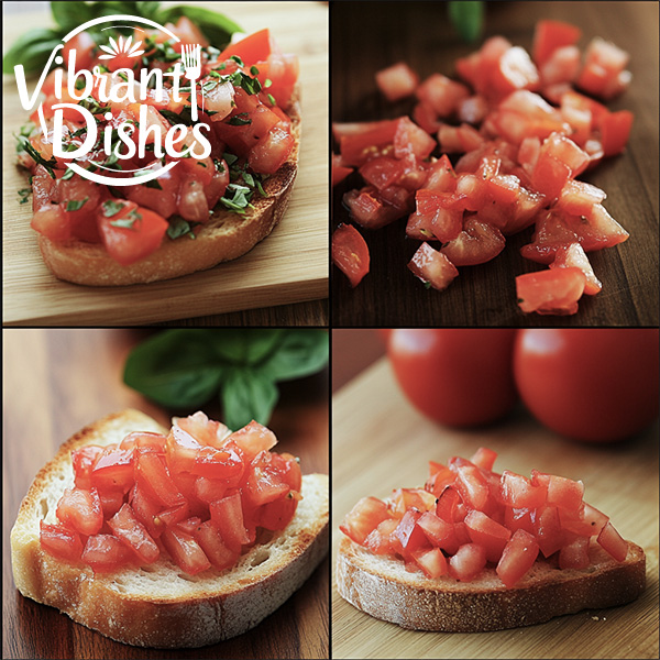 Step-by-step collage of making Italian bruschetta with mozzarella.