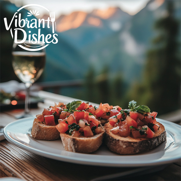 Italian bruschetta served with wine on a rustic dinner table.