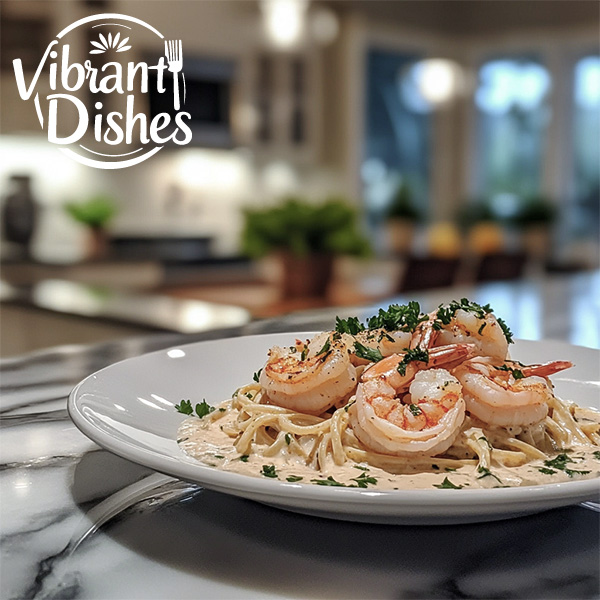 Creamy shrimp carbonara recipe garnished with parsley.