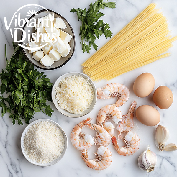 Ingredients for shrimp carbonara recipe, including raw shrimp and Parmesan.