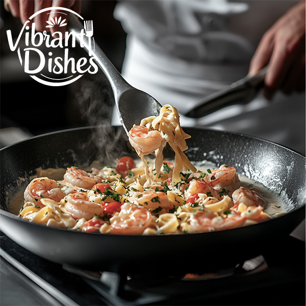 Shrimp and pasta being tossed in creamy sauce in a skillet.