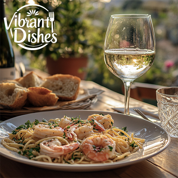 A dinner table with shrimp carbonara recipe, garlic bread, and white wine.