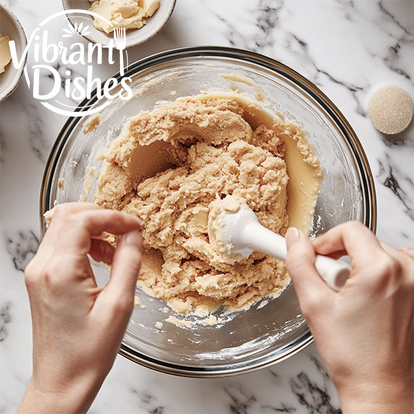 Hands creaming butter and sugar in a glass bowl for cookie dough.