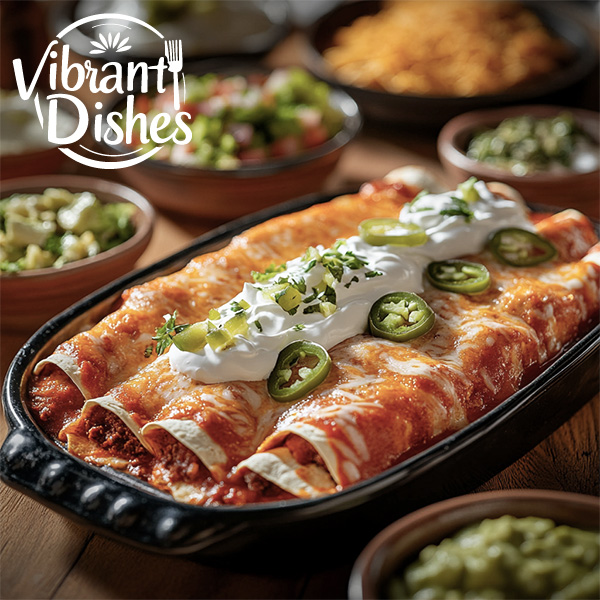 A dinner table featuring a platter of beef enchiladas and Tex-Mex toppings.