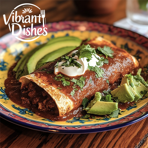 A plated beef enchilada with sour cream, avocado, and cilantro on a colorful plate.